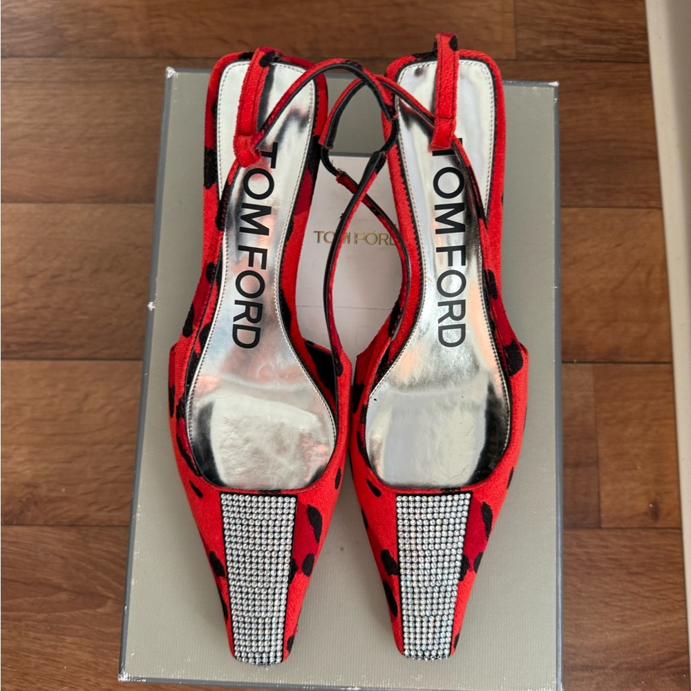 Tom Ford Velvet Animalier Crystal Red and Black Heels Elegant Design